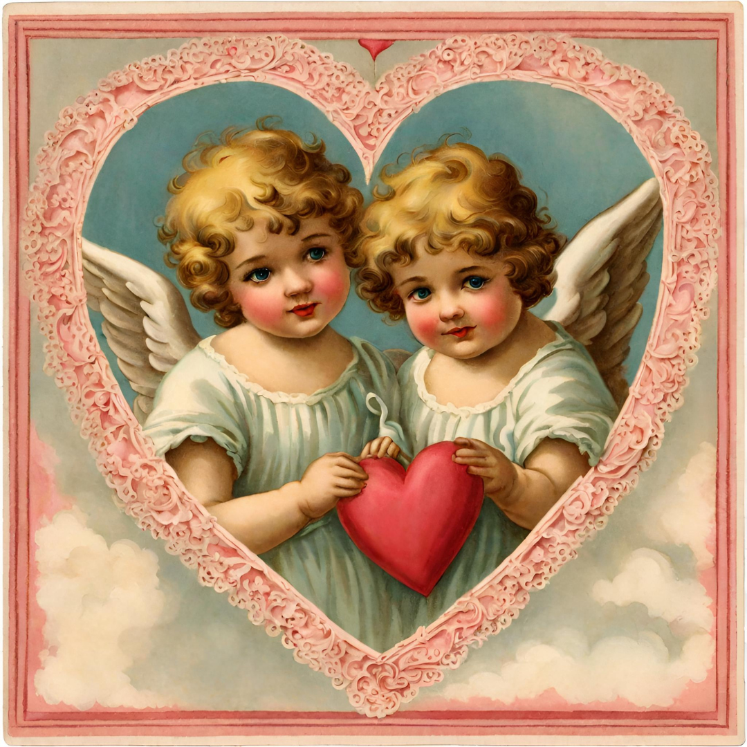 Vintage Valentine card with angels holding a heart