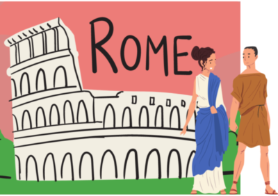 Illustration of Roman couple in front of the Colosseum.