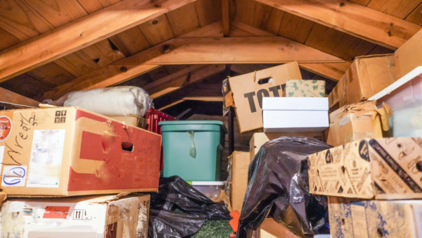 spring cleaning scene showing boxes of items in attic